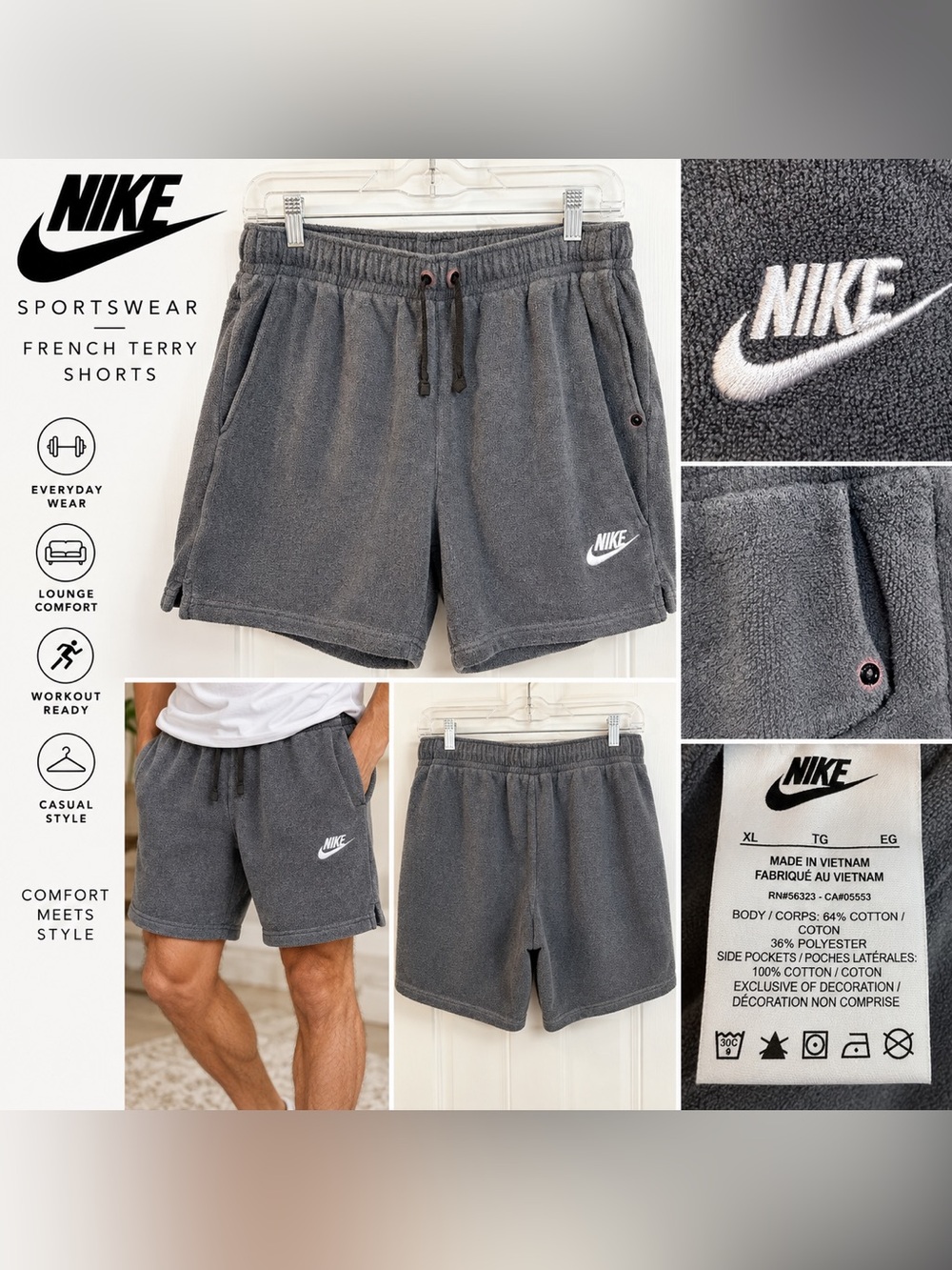 Nike Men's Gray Terry Cloth Drawstring Shorts
